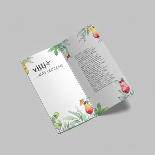 Menu  Carte boissons 98x21cm  Dépliant 2 volets