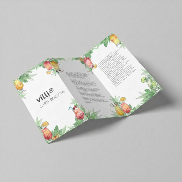 Menu  Carte boissons 98x21cm  Dépliant 3 volets